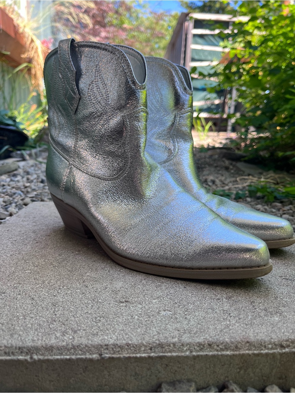 Metallic sliver cowboy ankle boots
